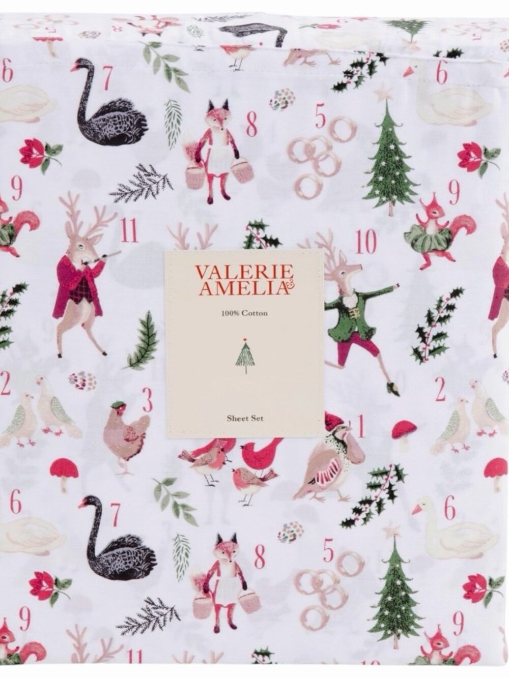 Valerie Amelia New Queen Sheet Set Cotton 12 Days Of Christmas Reindeer Holly